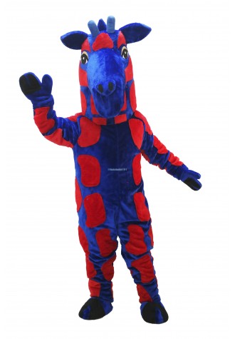 Blue & Red Realistic Giraffe Mascot Costume
