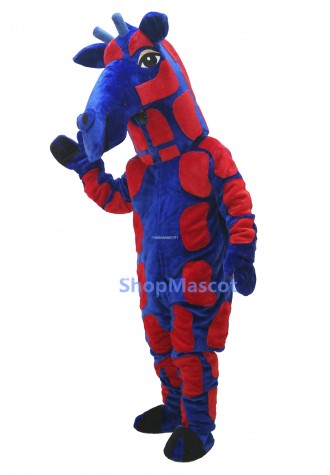 Blue & Red Realistic Giraffe Mascot Costume